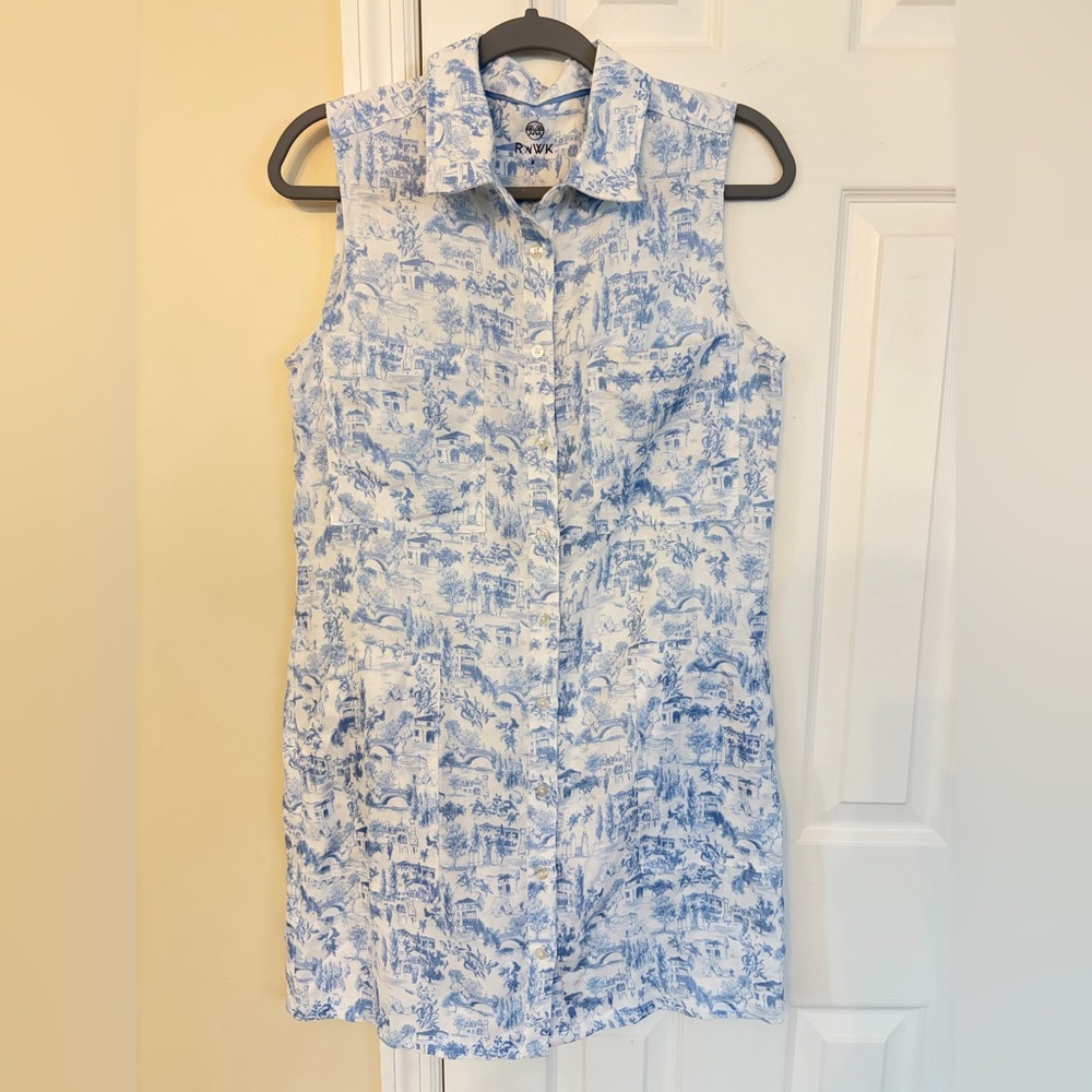 Renwick Sport Sleeveless Blue & White Toile Linen Polo Dress S